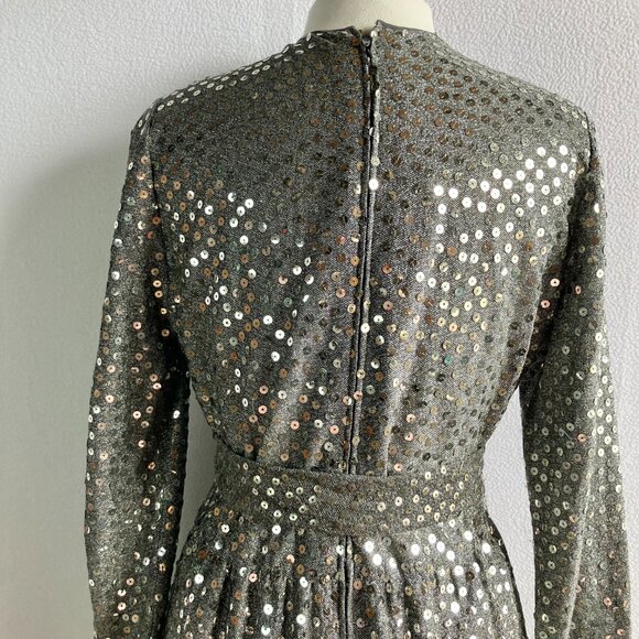 1970s Silver Sequined Modest Long Sleeve Maxi Dress - Picture 14 of 15
